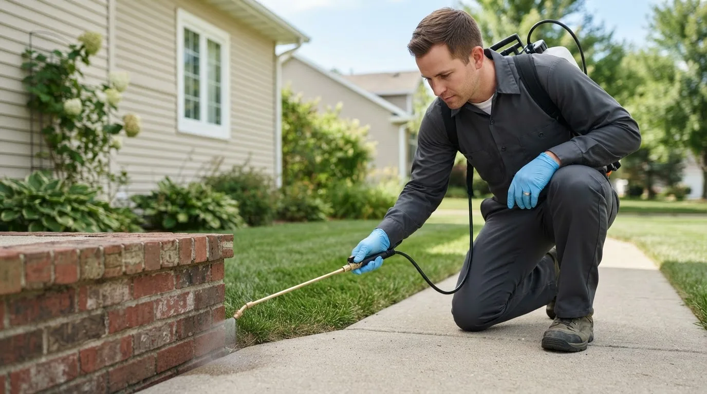 Pest control technician treating a home near New Lisbon, NJ